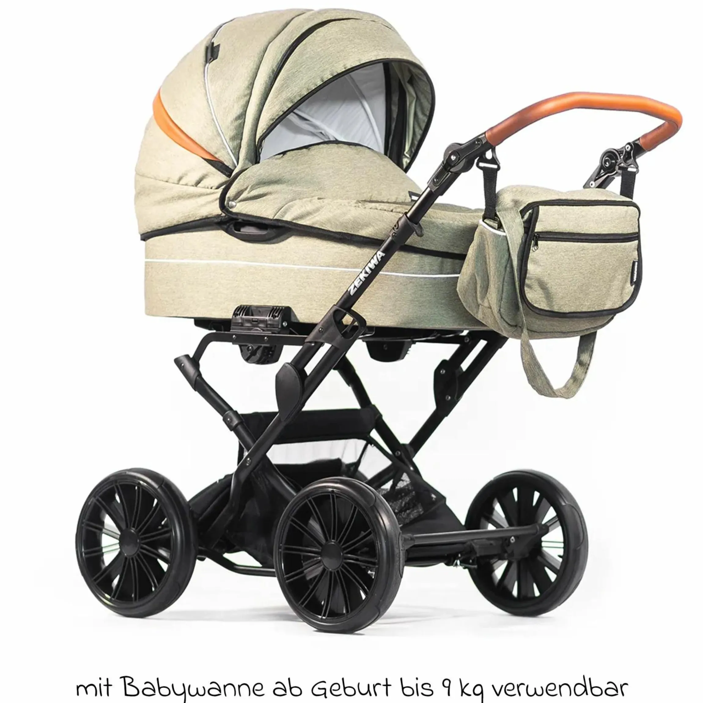 Kombi-Kinderwagen Touring Max bis 15 kg mit Babywanne, umsetzbare Sitzeinheit, Knickschieber inkl. Wickeltasche, Insektenschutz & Regenschutz - Green