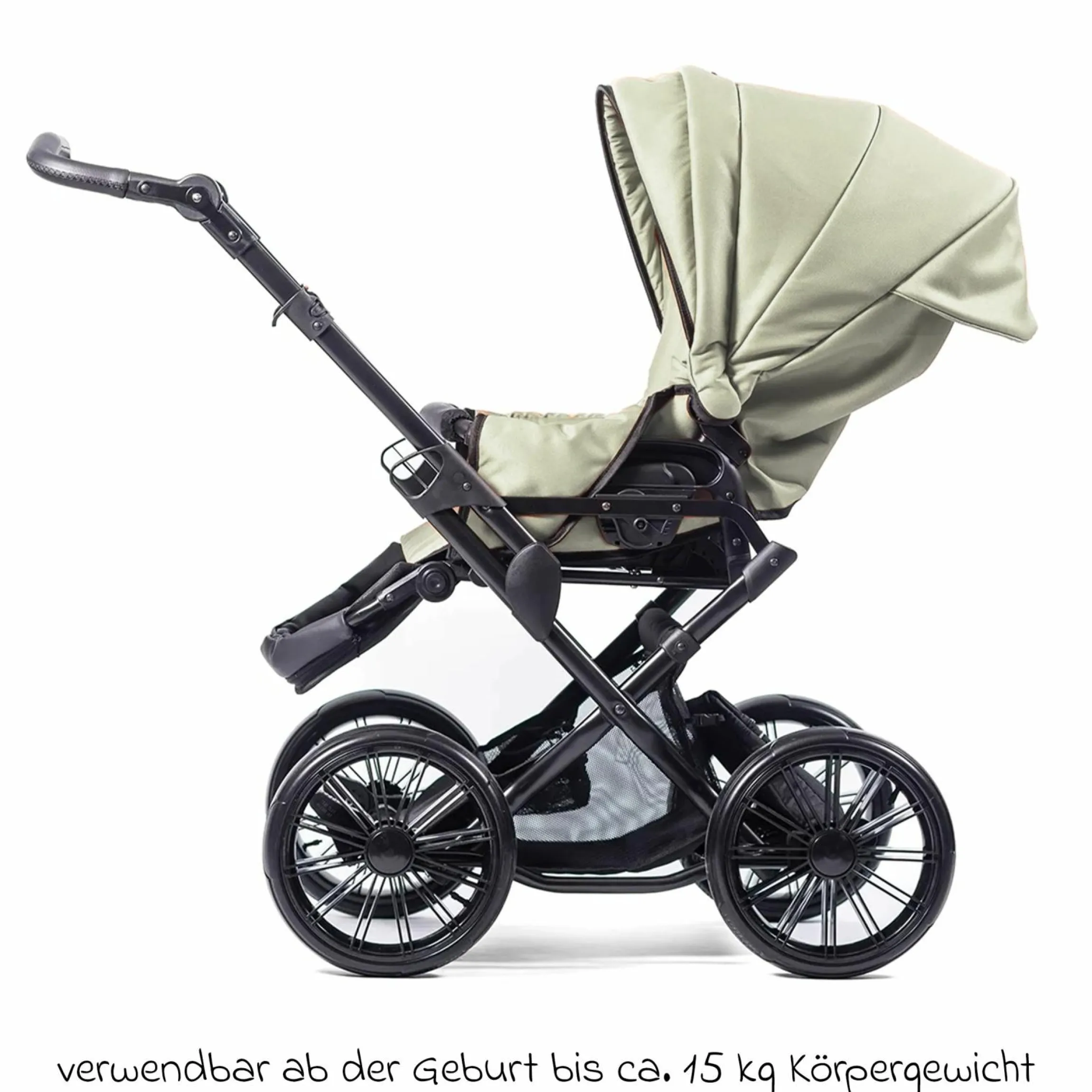 Kombi-Kinderwagen Touring Max bis 15 kg mit Babywanne, umsetzbare Sitzeinheit, Knickschieber inkl. Wickeltasche, Insektenschutz & Regenschutz - Green