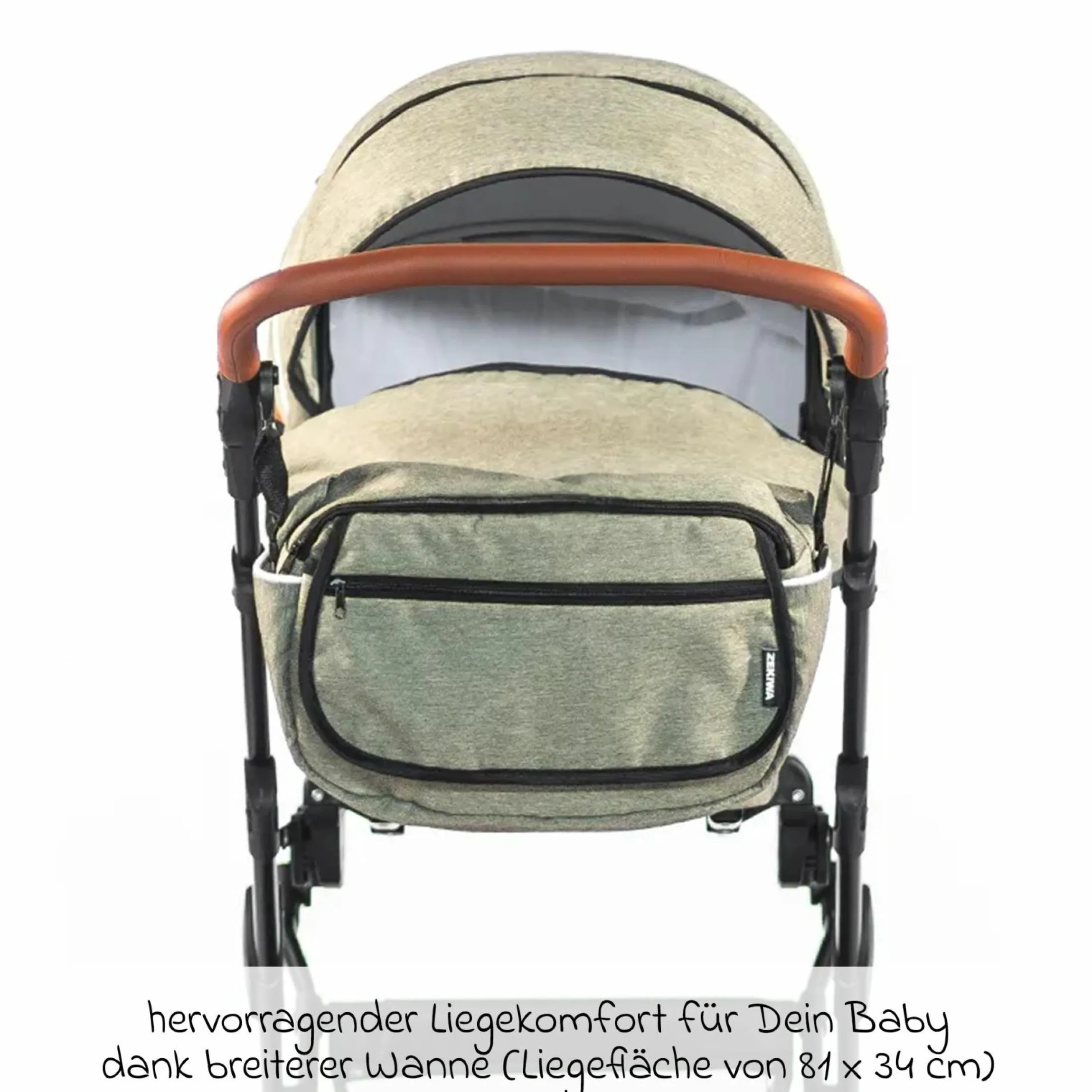 Kombi-Kinderwagen Touring Max bis 15 kg mit Babywanne, umsetzbare Sitzeinheit, Knickschieber inkl. Wickeltasche, Insektenschutz & Regenschutz - Green