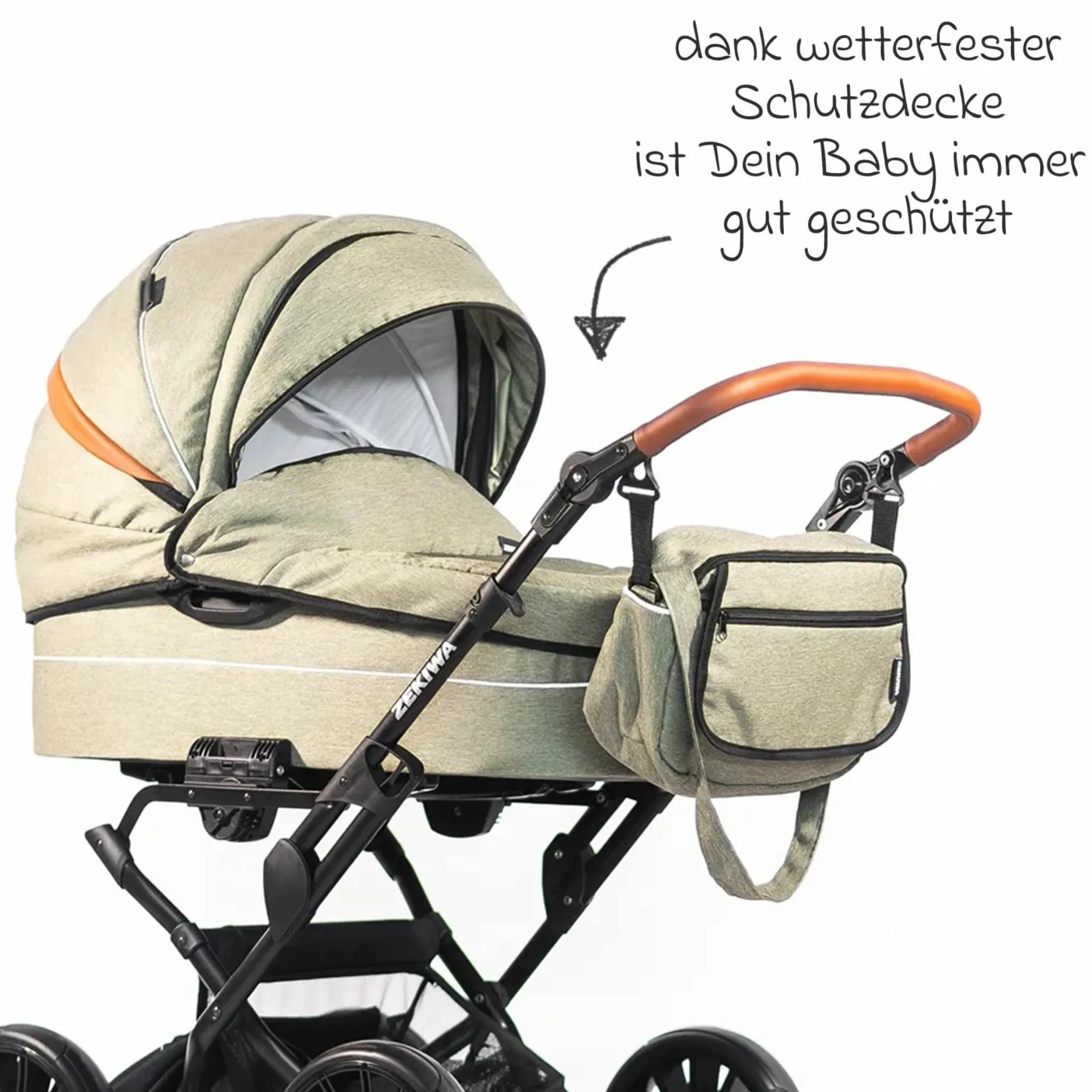 Kombi-Kinderwagen Touring Max bis 15 kg mit Babywanne, umsetzbare Sitzeinheit, Knickschieber inkl. Wickeltasche, Insektenschutz & Regenschutz - Green