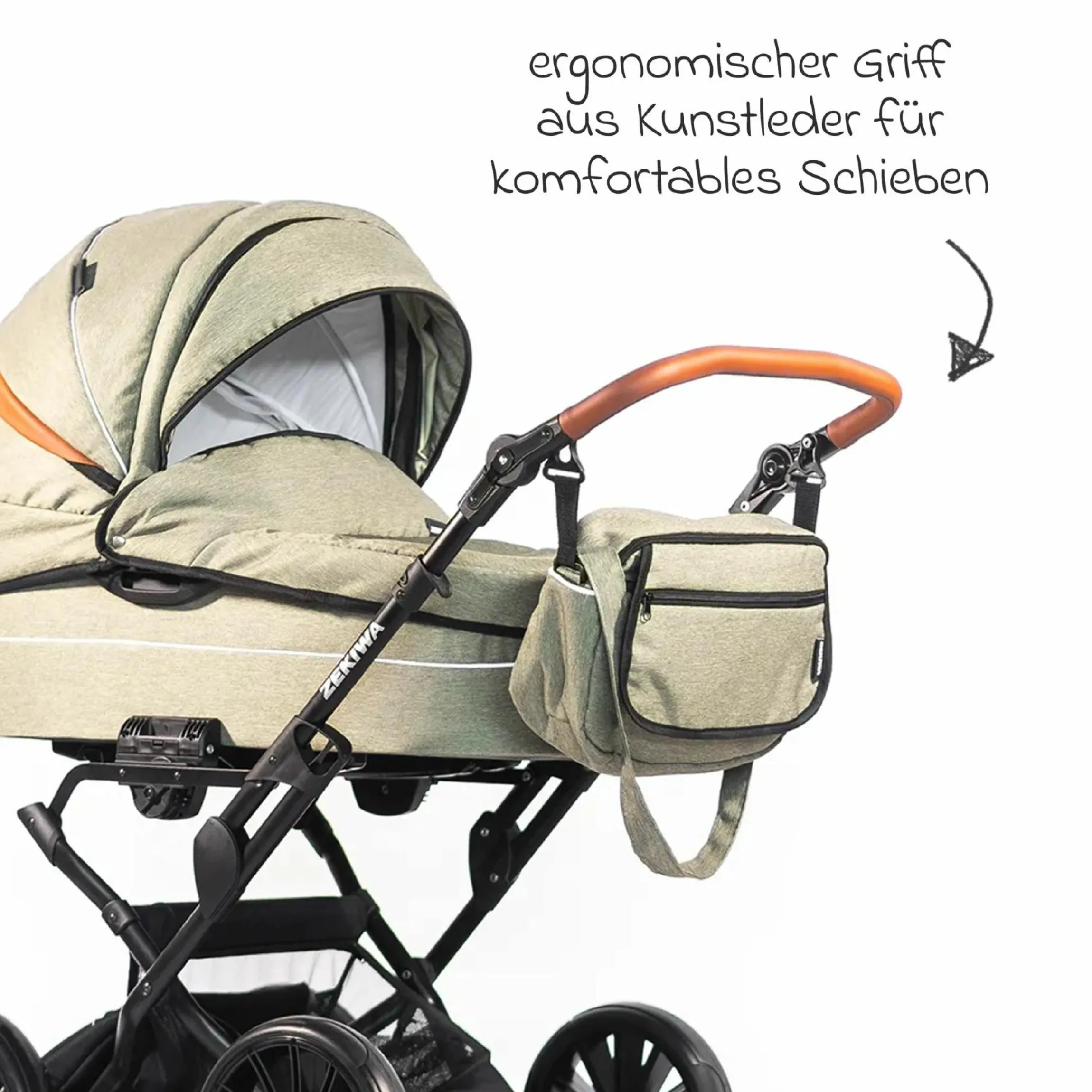 Kombi-Kinderwagen Touring Max bis 15 kg mit Babywanne, umsetzbare Sitzeinheit, Knickschieber inkl. Wickeltasche, Insektenschutz & Regenschutz - Green