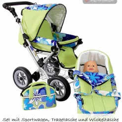 Kombi-Puppenwagen Zeki Elegance - Hibiskus - Mint