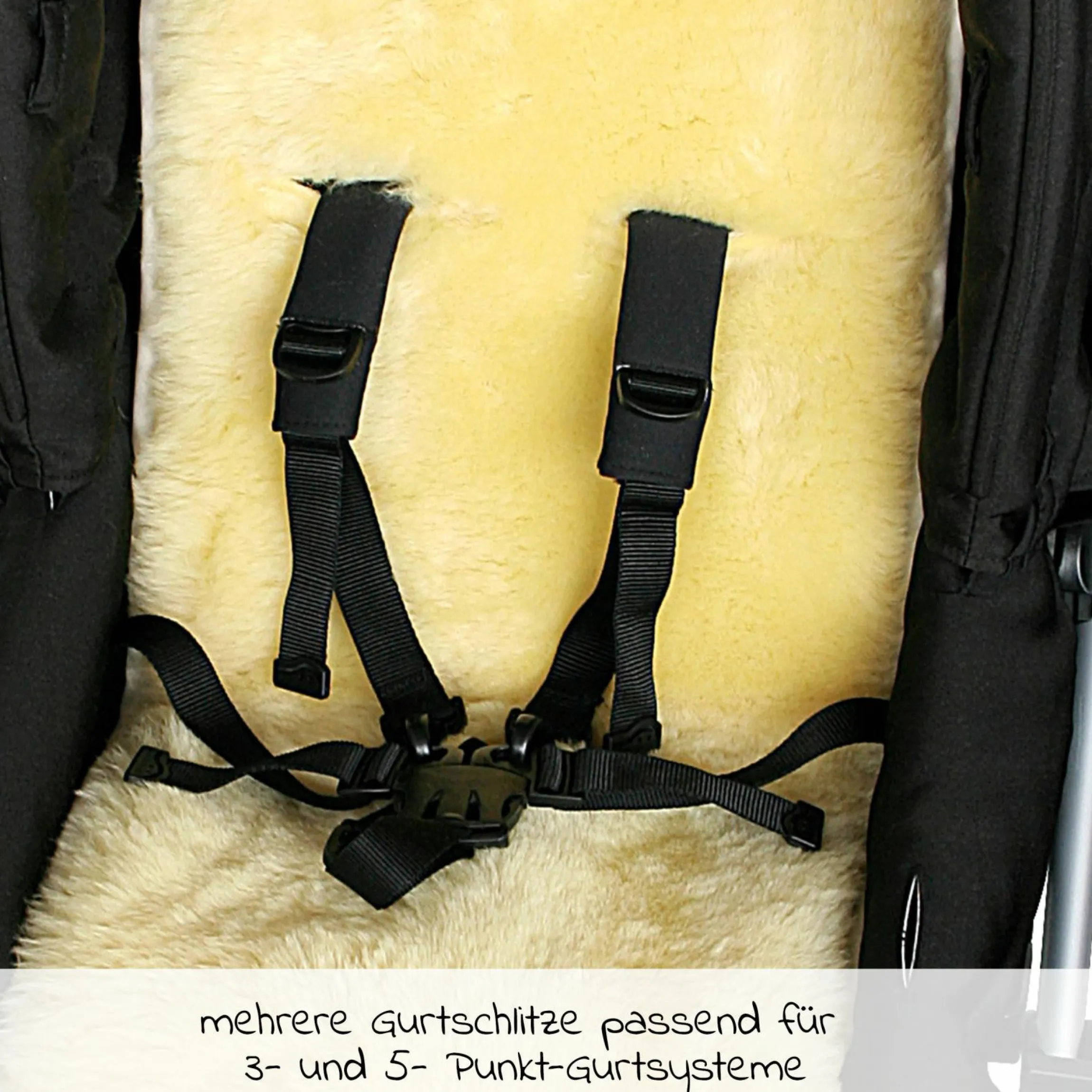 Lammfellauflage für Buggys & Kinderwagen mit Gurtschlitze, temperaturausgleichend und kuschelweich 71 x 33 cm - Natur