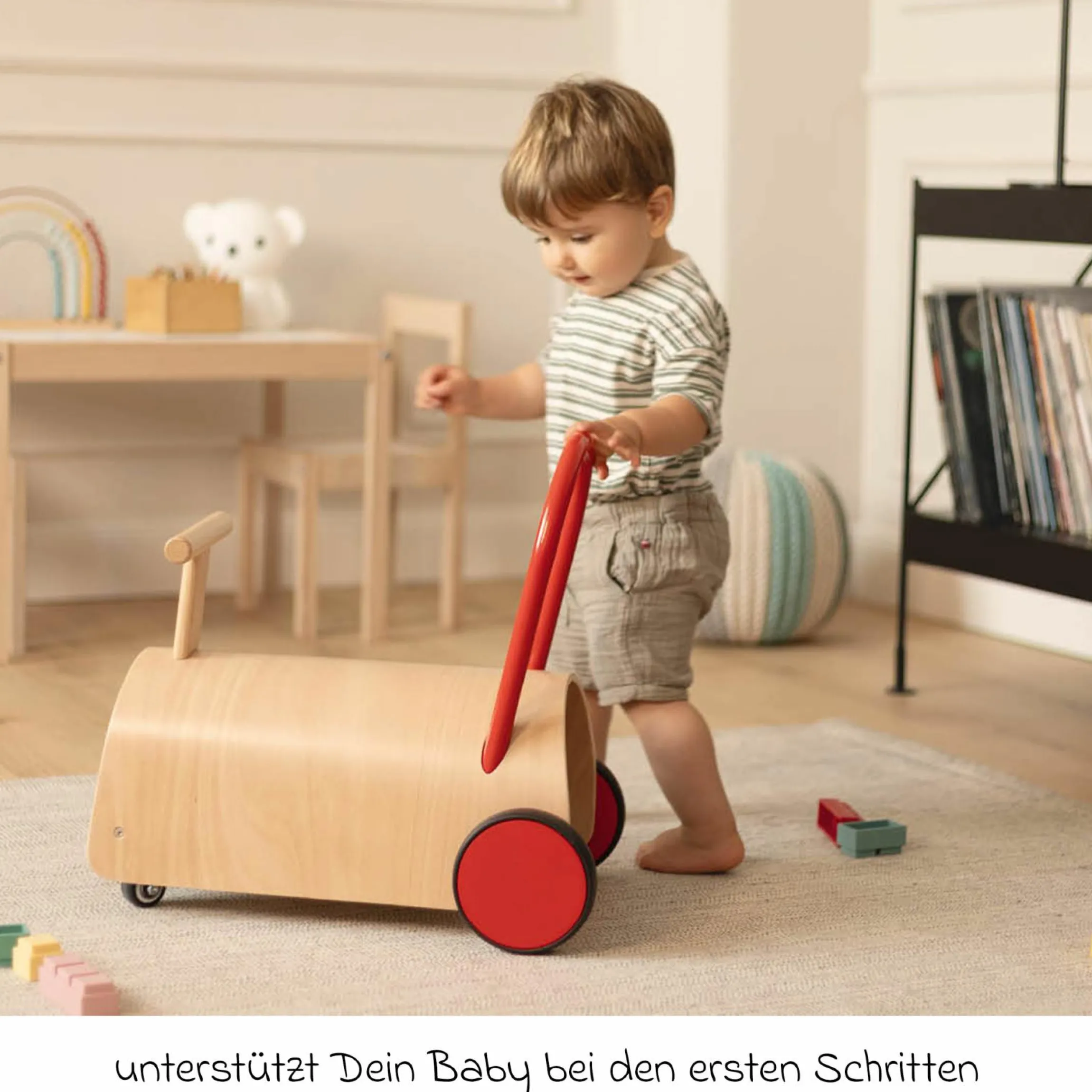 Lauflernwagen und Rutscher Enzo ab 12 Monate mit gummierten Holzräder & Schwenkrollen - Blau