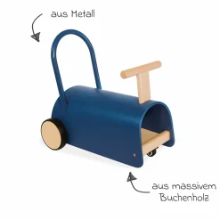 Lauflernwagen und Rutscher Enzo ab 12 Monate mit gummierten Holzräder & Schwenkrollen - Blau