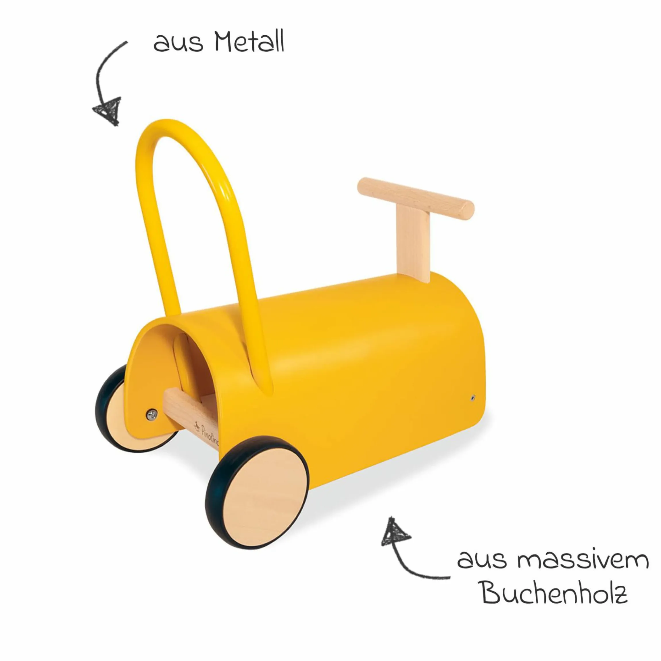 Lauflernwagen und Rutscher Enzo ab 12 Monate mit gummierten Holzräder & Schwenkrollen - Gelb