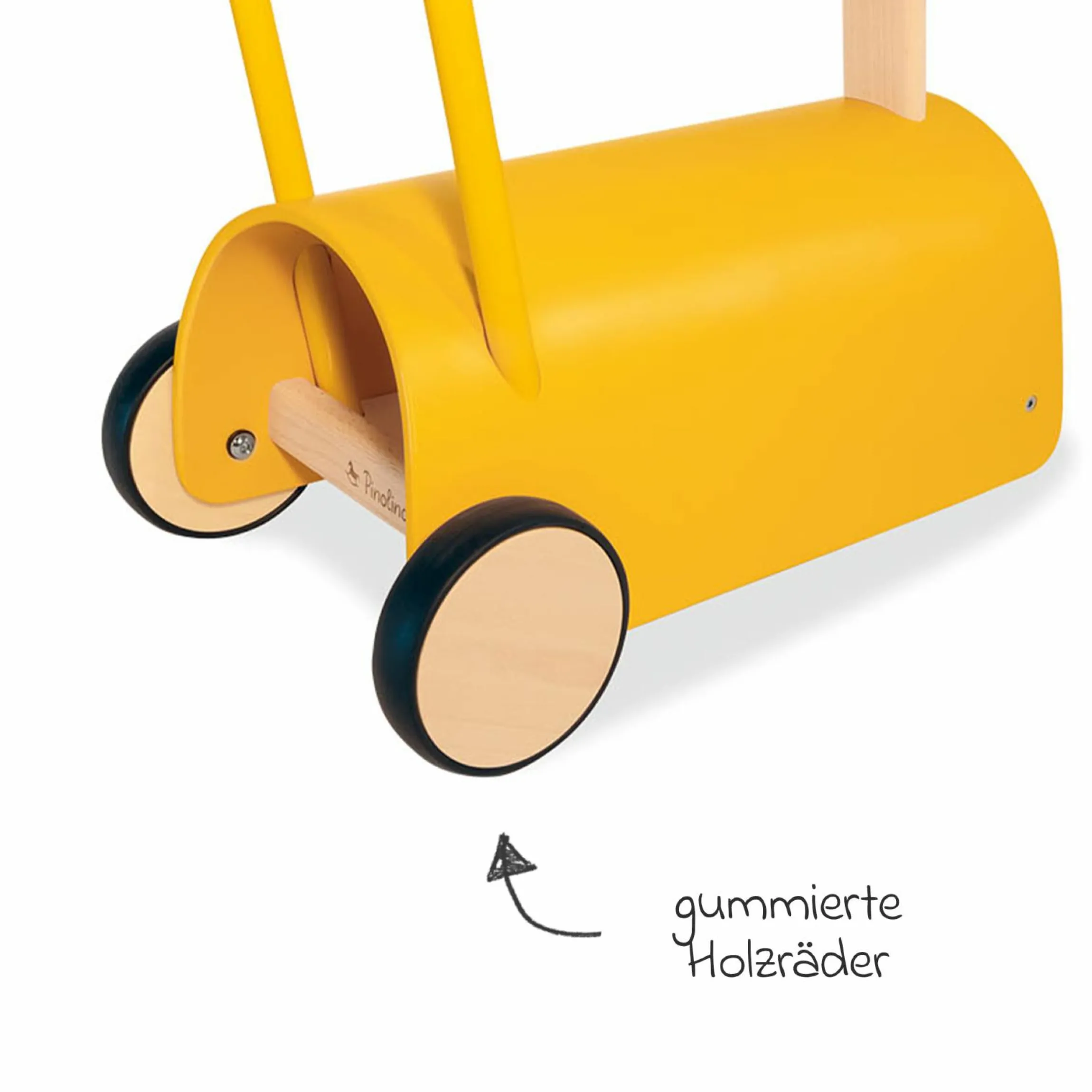 Lauflernwagen und Rutscher Enzo ab 12 Monate mit gummierten Holzräder & Schwenkrollen - Gelb