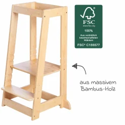 Lernturm aus 100% Bambus mitwachsend mit 3-fach höhenverstellbarem Stand- und Fußbrett - Montessori - Braun