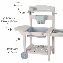 Mobile Spiel- und Matschküche BBQ mit Rollen, Spielwanne, Wasserbehälter mit Wasserhahn & Ablagefläche - Grau