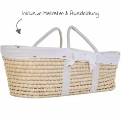 Moseskorb / Babykorb aus natürlichem Maisblatt inkl. Matratze + Auskleidung - Jersey - Hearts