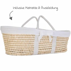 Moseskorb / Babykorb aus natürlichem Maisblatt inkl. Matratze + Auskleidung - Jersey - Offwhite