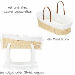 Moseskorb Set mit Schaukelgestell inkl. Innenbezug & Matratze - Weiß Natur