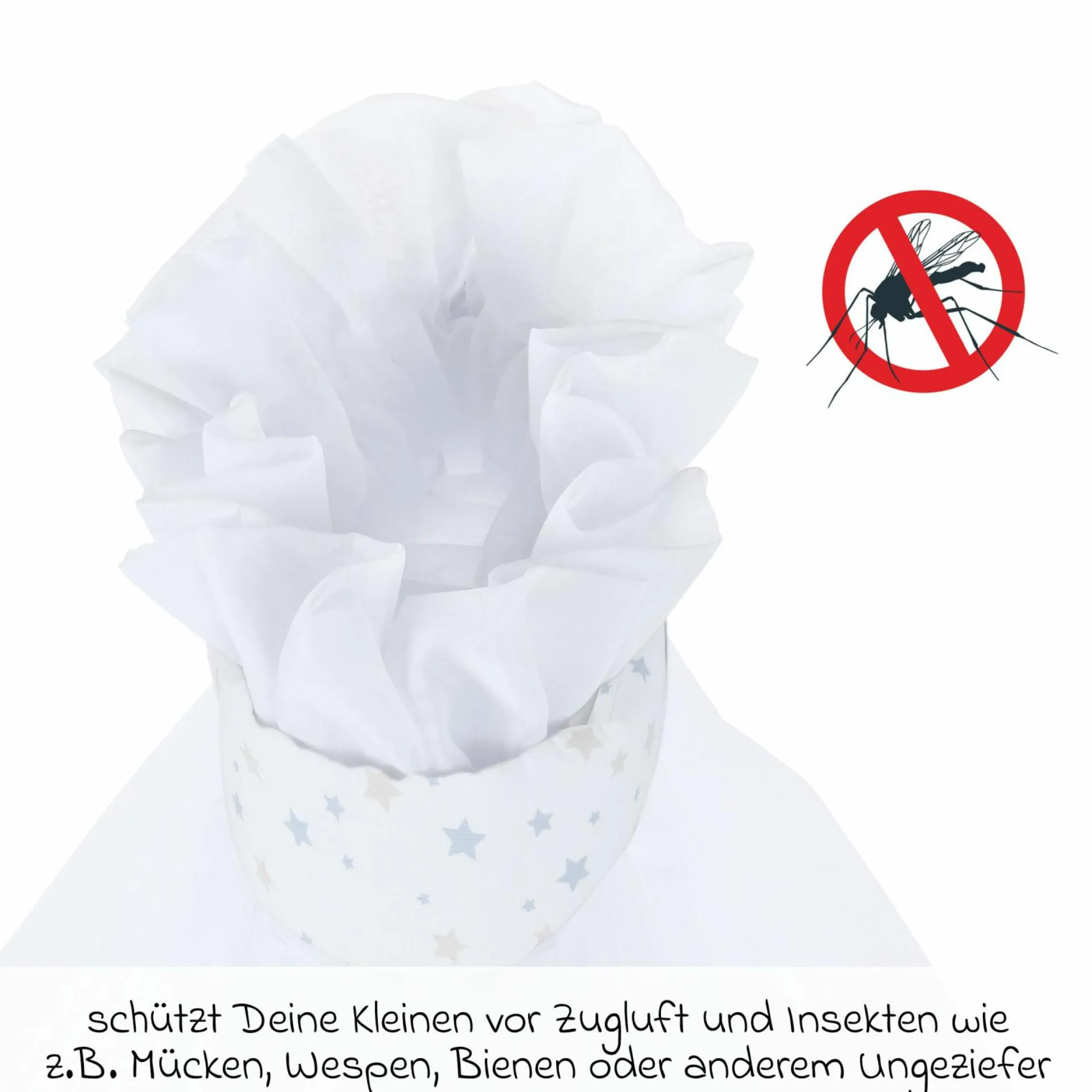 Moskitoschutz und Himmel für alle Beistellbetten bis 96 cm Länge - Sternenmix Weiß - Sand/Azurblau - Kollektion 2024