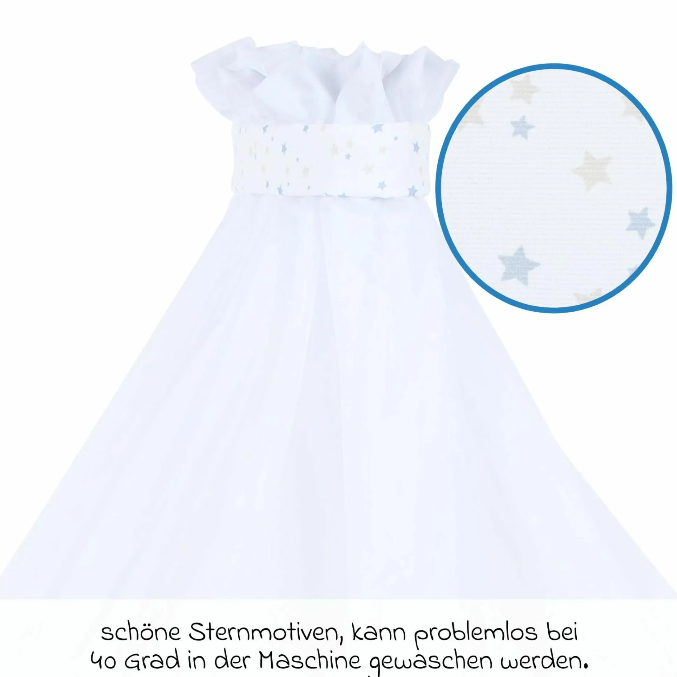 Moskitoschutz und Himmel für alle Beistellbetten bis 96 cm Länge - Sternenmix Weiß - Sand/Azurblau - Kollektion 2024