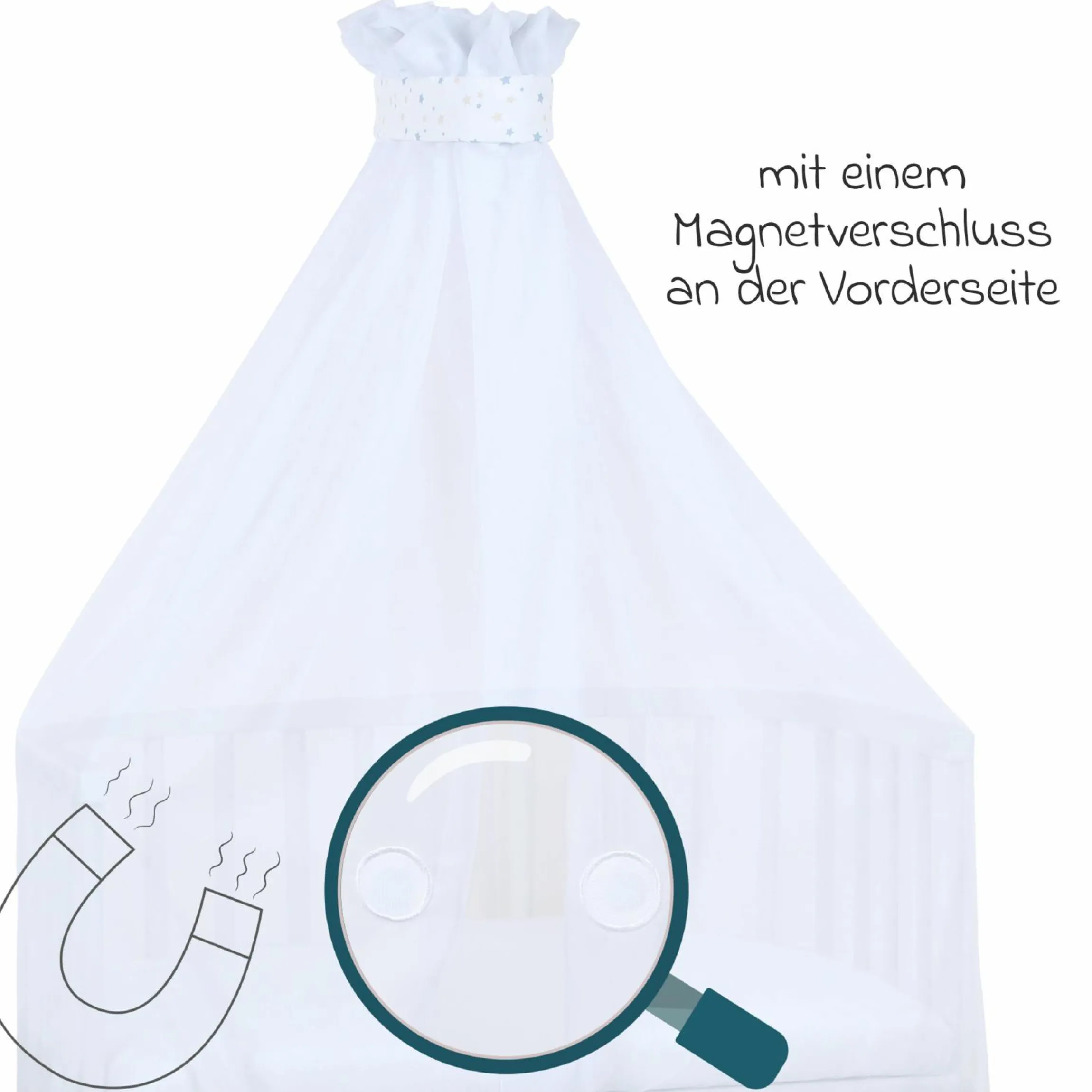 Moskitoschutz und Himmel für alle Beistellbetten bis 96 cm Länge - Sternenmix Weiß - Sand/Azurblau - Kollektion 2024