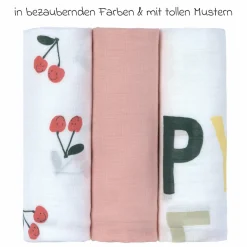 Mulltuch 3er Pack Heavenly Soft Swaddle L - Bambus 80 x 80 cm - Happy Fruits - Cherry