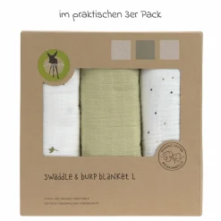 Mulltuch 3er Pack Swaddle L Bio-Baumwolle 85 x 85 cm - Leave - Olive