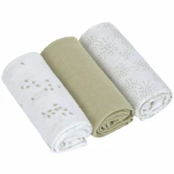 Mulltuch 3er Pack Swaddle M Bio-Baumwolle 60 x 60 cm - Leave - Olive Milky
