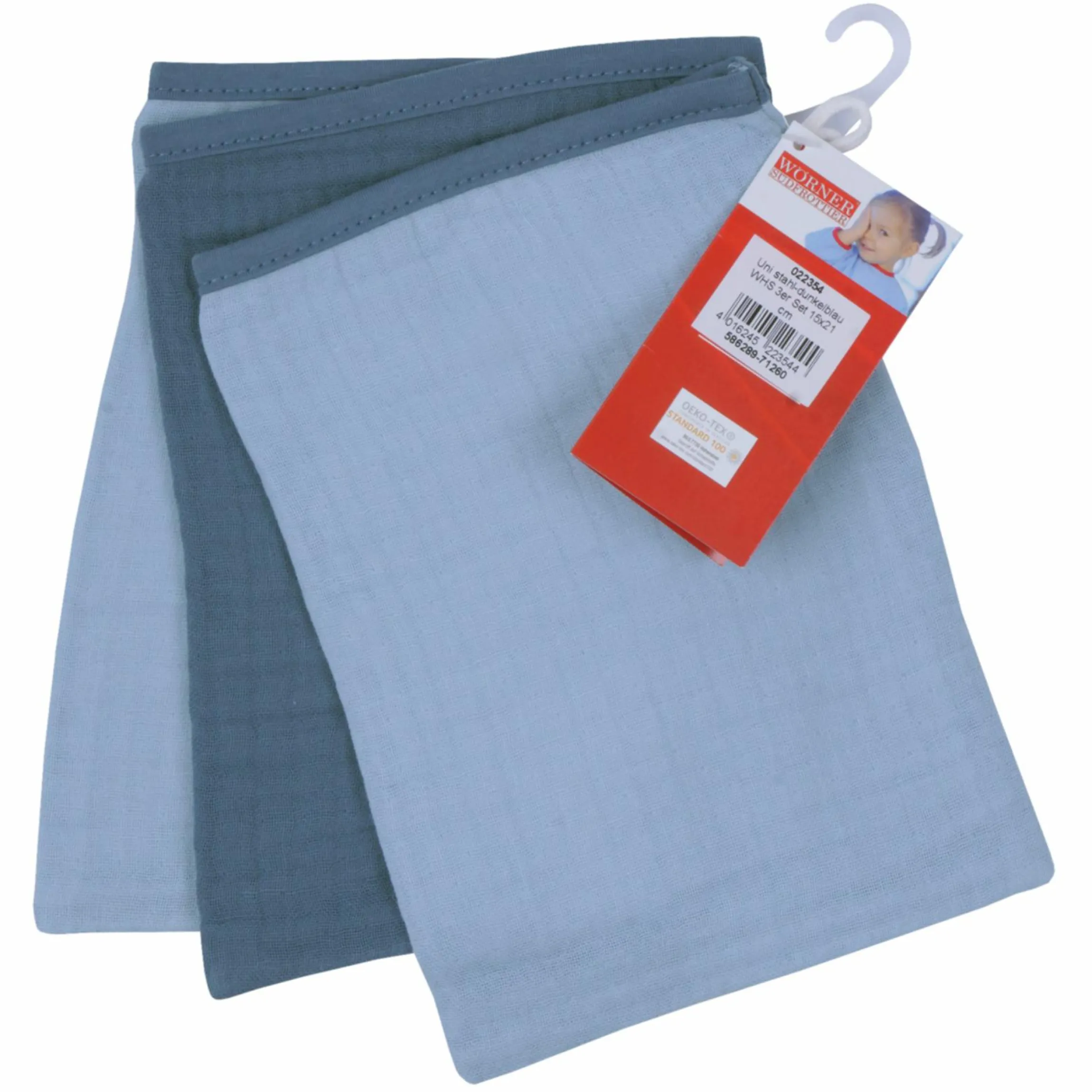Mull-Waschhandschuh 3er Pack - Hellblau Dunkelblau