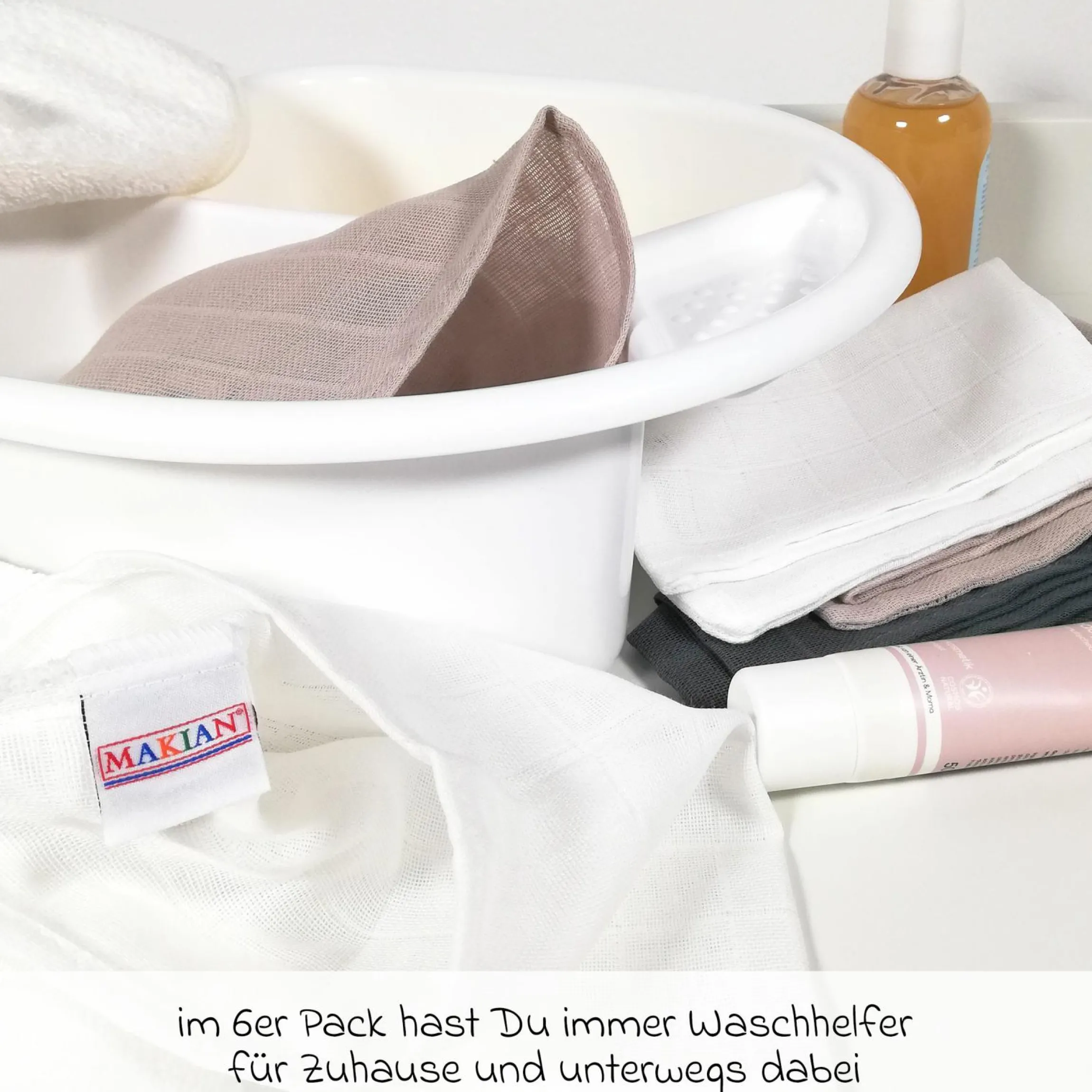 Mull-Waschhandschuh 6er Pack 15 x 20 cm - Graphit / Greige / Weiß