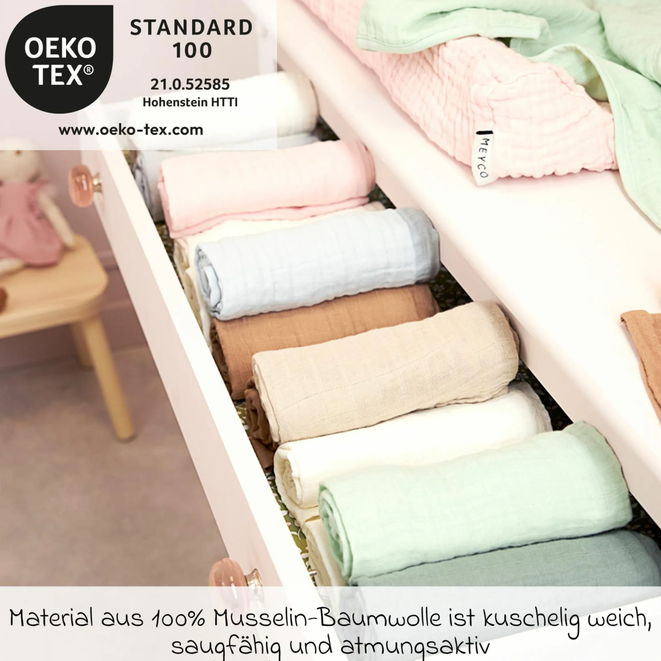 Mullwindel / Mulltuch / Pucktuch / Swaddle 3er Pack Musselin 70 x 70 cm - Naturel / Soft Olive
