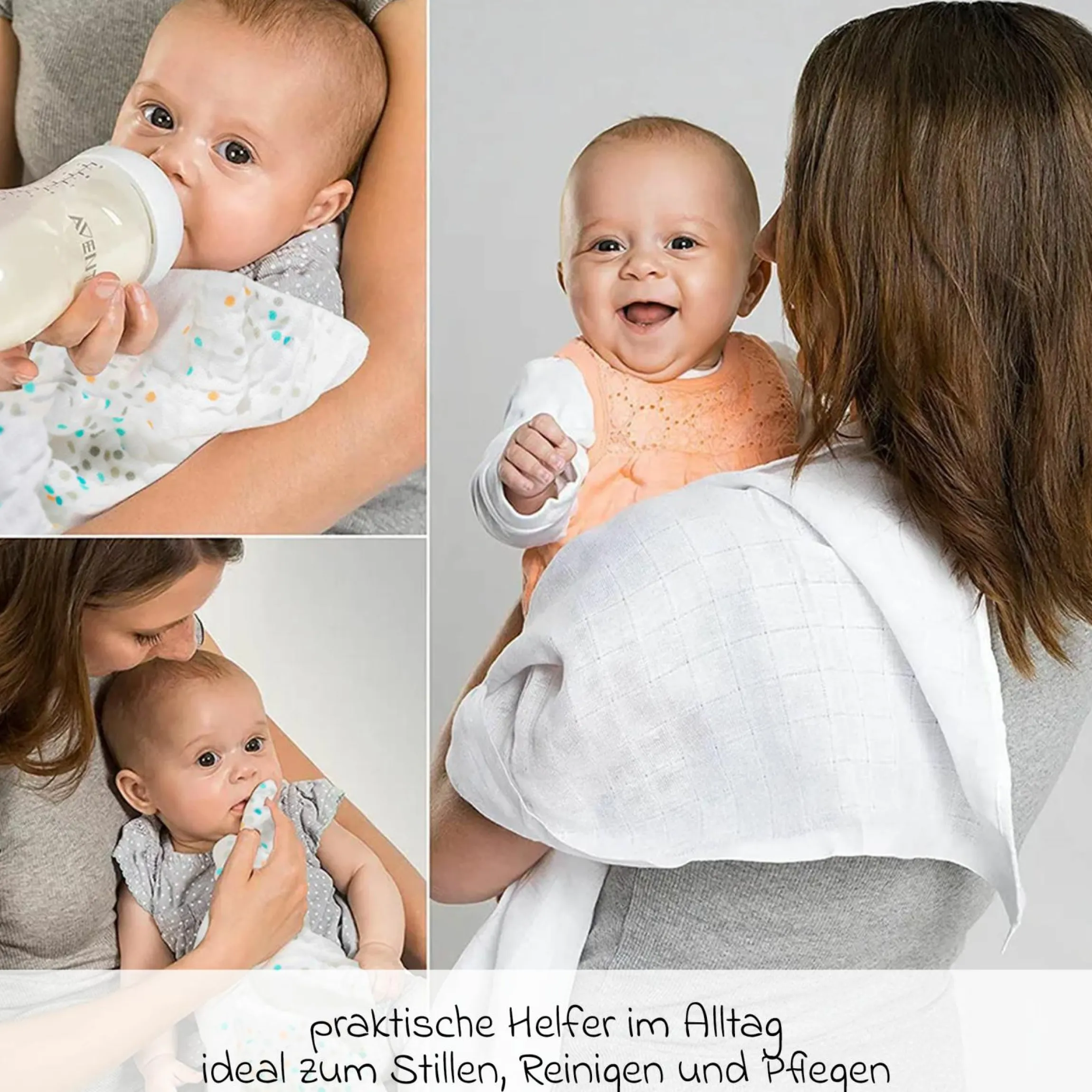 Mullwindel / Mulltuch 3er Pack 80 x 80 cm - Punkte / Sterne / Weiß
