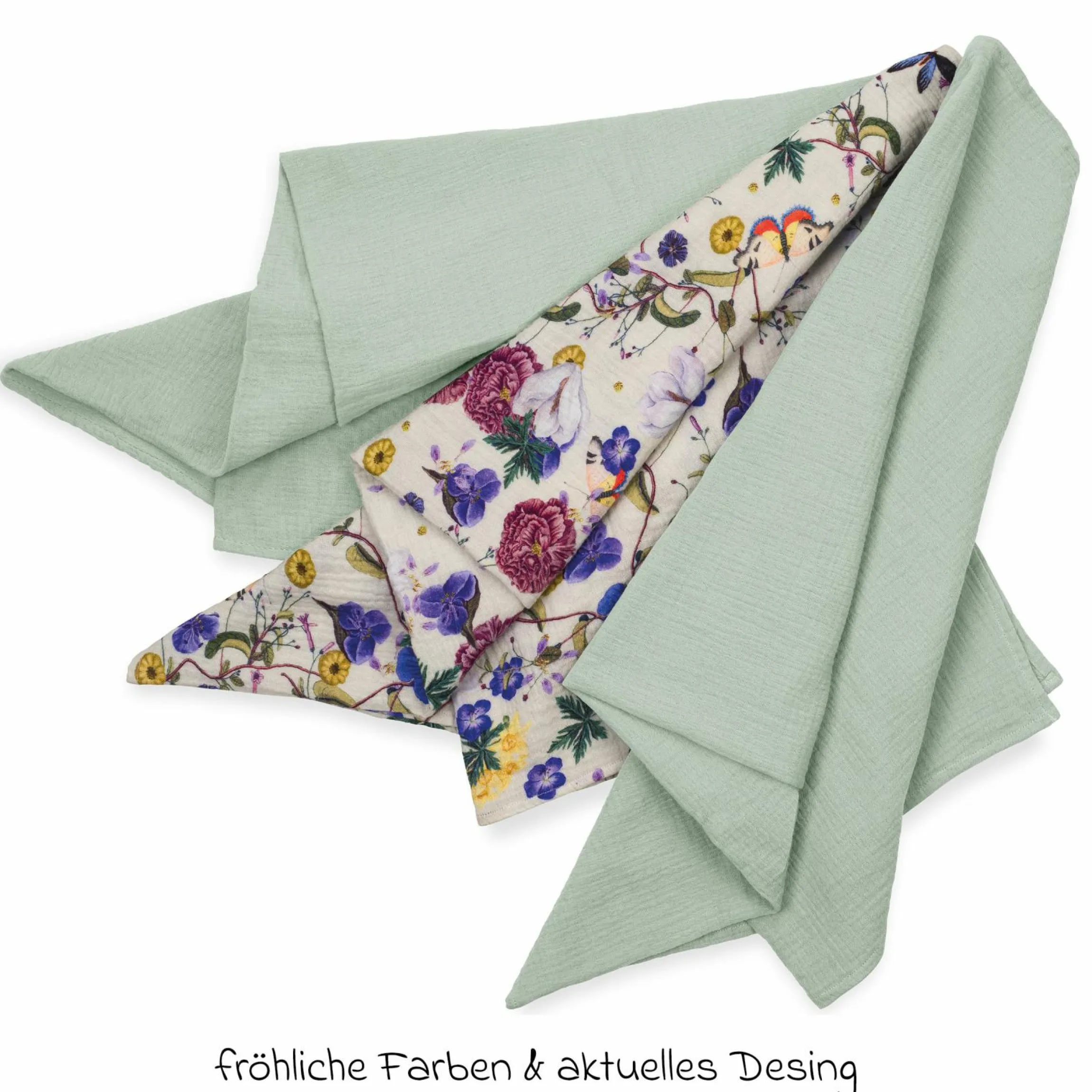 Mullwindeln / Mulltücher / Spucktücher Cuddle N Clean - 3er Set 80 x 80 cm - Sage / Beige / Floral