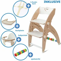 Multifunktionaler Hochstuhl-Set inkl. Babysitz, Tischplatte, Spielwürfel, Sicherheitsgurt - Hochstuhl, Schaukel, Treppe, Lerntower & Babywippe in einem bis 150 kg nutzbar - Weiß - Kollektion 2024