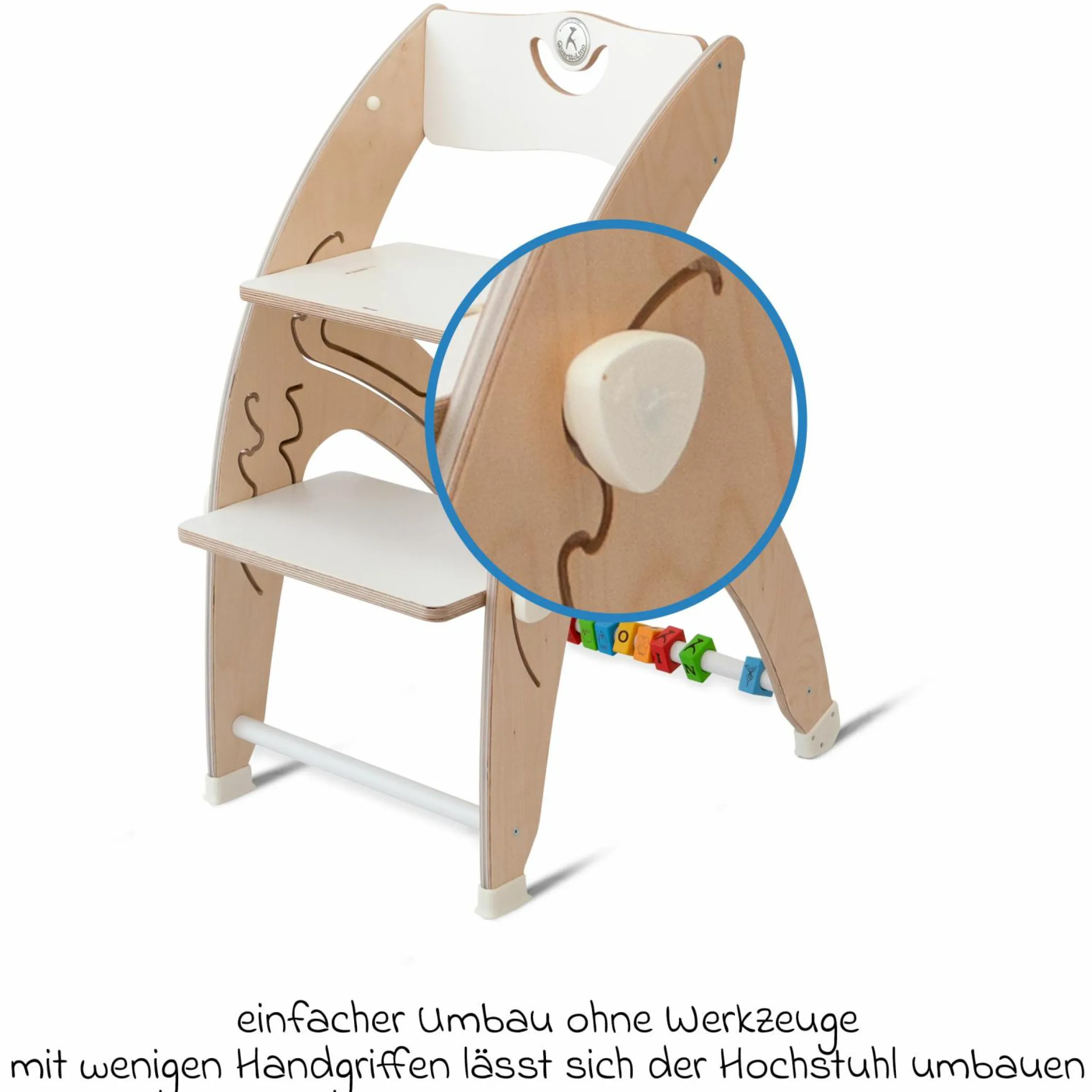 Multifunktionaler Hochstuhl aus Holz - Hochstuhl, Schaukel, Treppe, Lerntower & Babywippe in einem bis 150 kg nutzbar - Weiß - Kollektion 2024