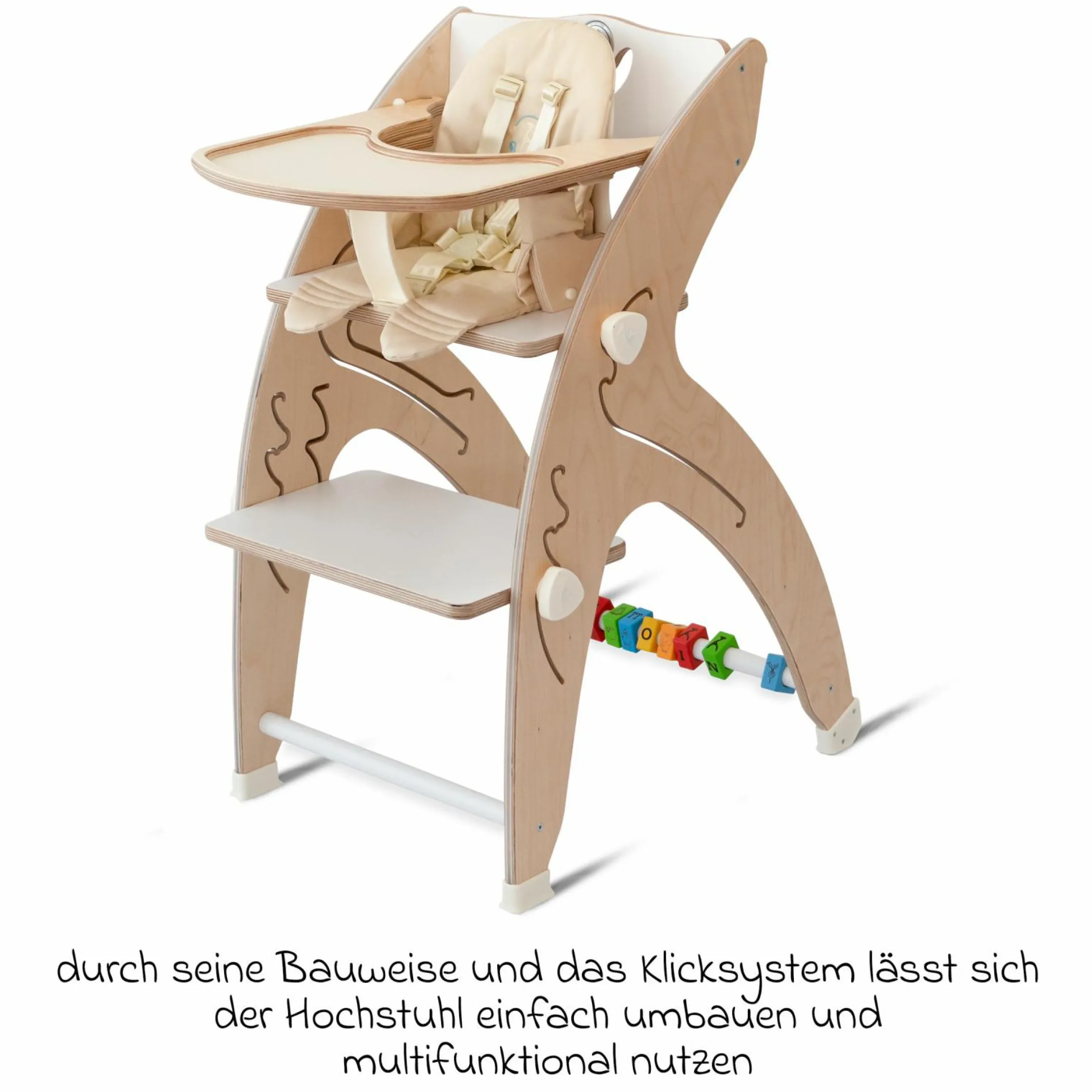 Multifunktionaler Hochstuhl aus Holz - Hochstuhl, Schaukel, Treppe, Lerntower & Babywippe in einem bis 150 kg nutzbar - Weiß - Kollektion 2024