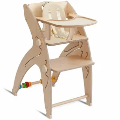 Multifunktionaler Hochstuhl-Set inkl. Babysitz, Tischplatte, Spielwürfel, Sicherheitsgurt - Hochstuhl, Schaukel, Treppe, Lerntower & Babywippe in einem bis 150 kg nutzbar - Natur - Kollektion 2024