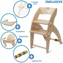 Multifunktionaler Hochstuhl-Set inkl. Babysitz, Tischplatte, Spielwürfel, Sicherheitsgurt - Hochstuhl, Schaukel, Treppe, Lerntower & Babywippe in einem bis 150 kg nutzbar - Natur - Kollektion 2024
