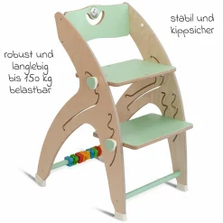 Multifunktionaler Hochstuhl aus Holz - Hochstuhl, Schaukel, Treppe, Lerntower & Babywippe in einem bis 150 kg nutzbar - Grün - Kollektion 2024