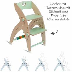 Multifunktionaler Hochstuhl aus Holz - Hochstuhl, Schaukel, Treppe, Lerntower & Babywippe in einem bis 150 kg nutzbar - Grün - Kollektion 2024