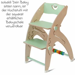 Multifunktionaler Hochstuhl aus Holz - Hochstuhl, Schaukel, Treppe, Lerntower & Babywippe in einem bis 150 kg nutzbar - Grün - Kollektion 2024