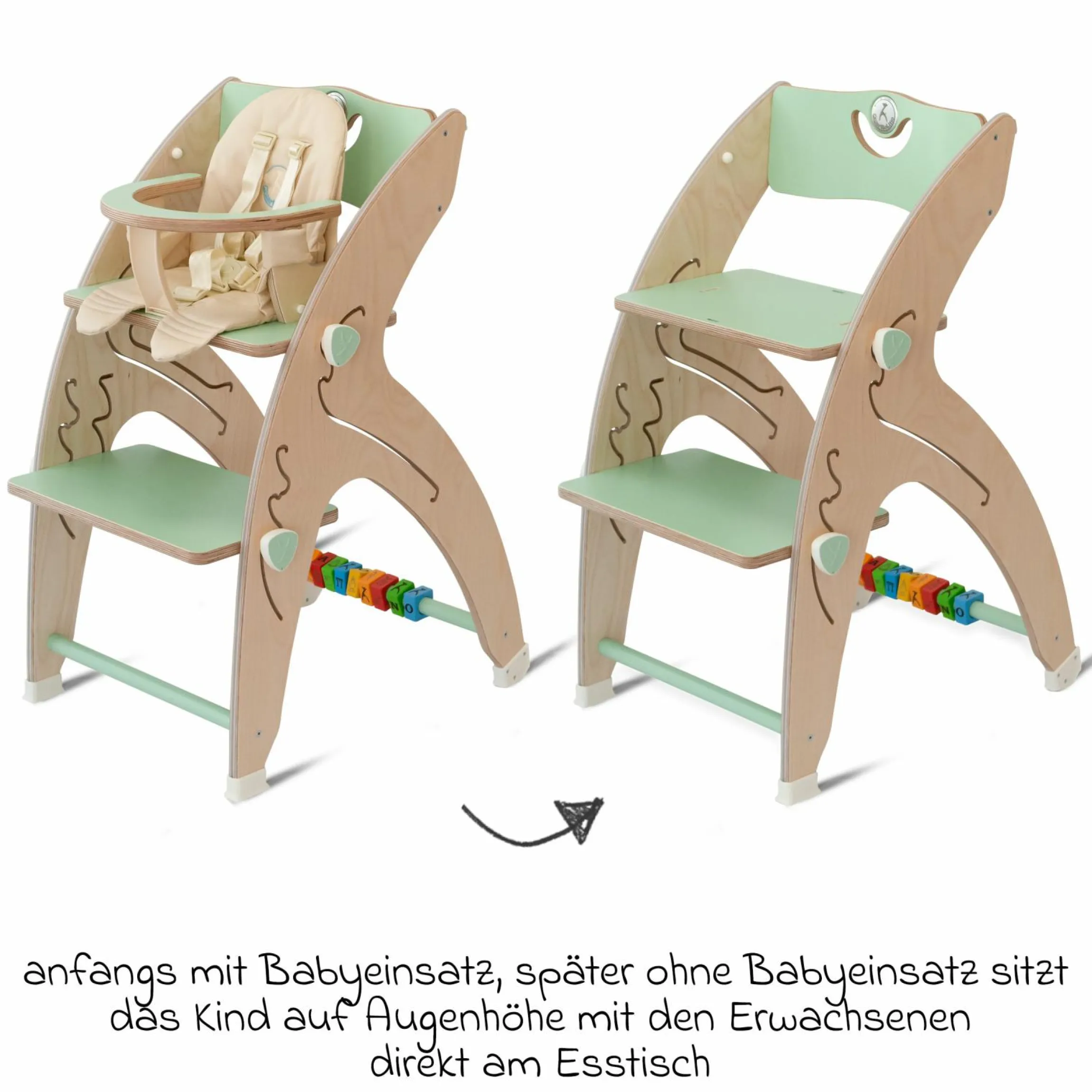 Multifunktionaler Hochstuhl aus Holz - Hochstuhl, Schaukel, Treppe, Lerntower & Babywippe in einem bis 150 kg nutzbar - Grün - Kollektion 2024