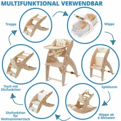 Multifunktionaler Hochstuhl aus Holz - Hochstuhl, Schaukel, Treppe, Lerntower & Babywippe in einem bis 150 kg nutzbar - Grau - Kollektion 2024