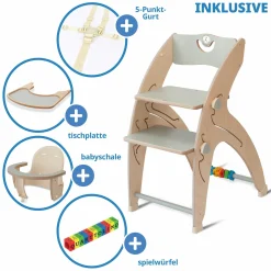 Multifunktionaler Hochstuhl-Set inkl. Babysitz, Tischplatte, Spielwürfel, Sicherheitsgurt - Hochstuhl, Schaukel, Treppe, Lerntower & Babywippe in einem bis 150 kg nutzbar - Grau - Kollektion 2024