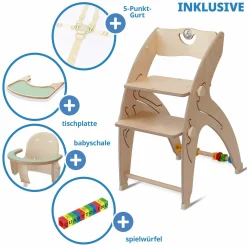 Multifunktionaler Hochstuhl-Set inkl. Babysitz, Tischplatte, Spielwürfel, Sicherheitsgurt - Hochstuhl, Schaukel, Treppe, Lerntower & Babywippe in einem bis 150 kg nutzbar - Grün - Kollektion 2024