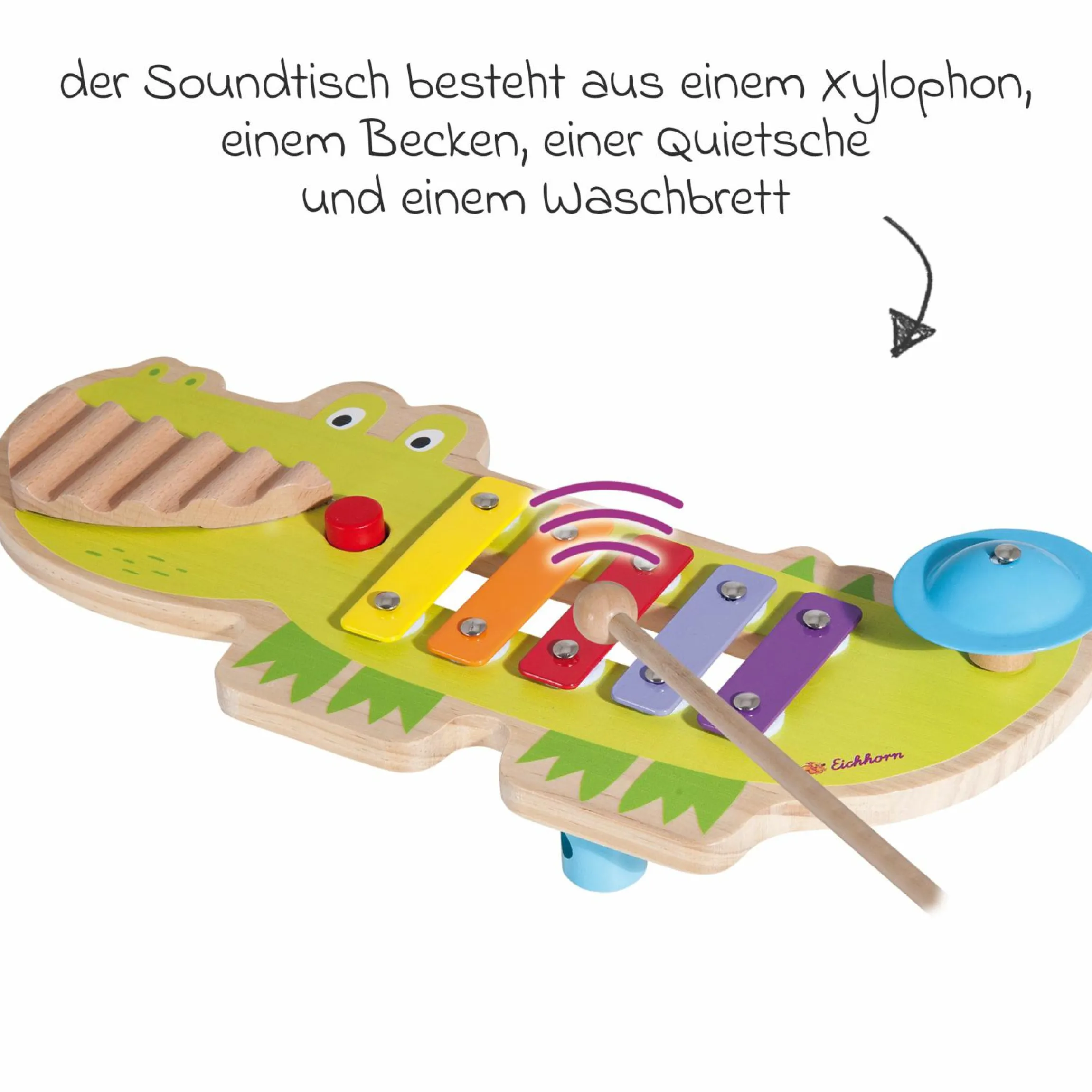 Musiktisch Krokodil - mit Xylophon, Becken, Quietsche und Waschbrett
