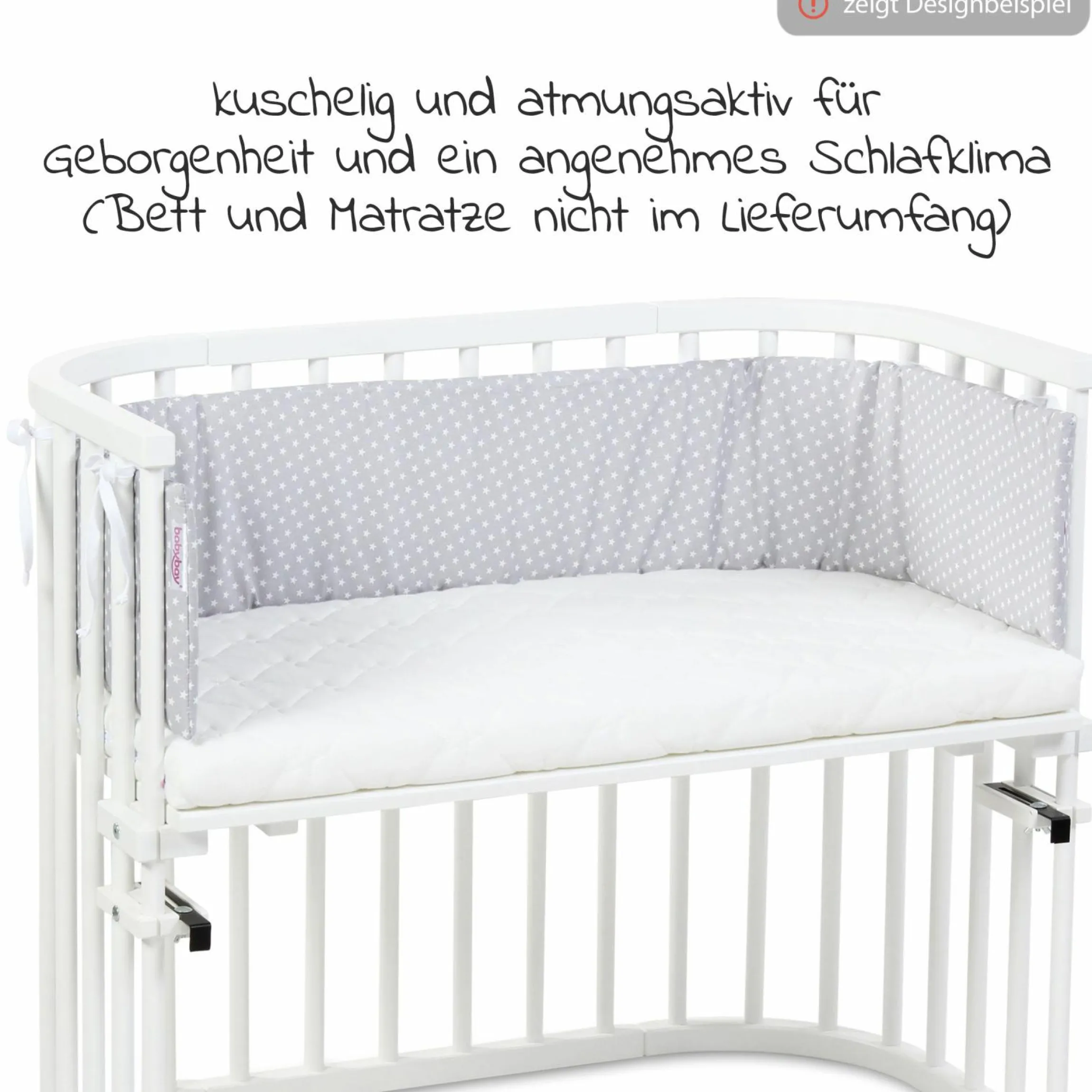 Nestchen aus Organic Cotton für Beistellbett Maxi, Boxspring, Comfort, Comfort Plus - Sterne Lichtgrau - Weiß - Kollektion 2024