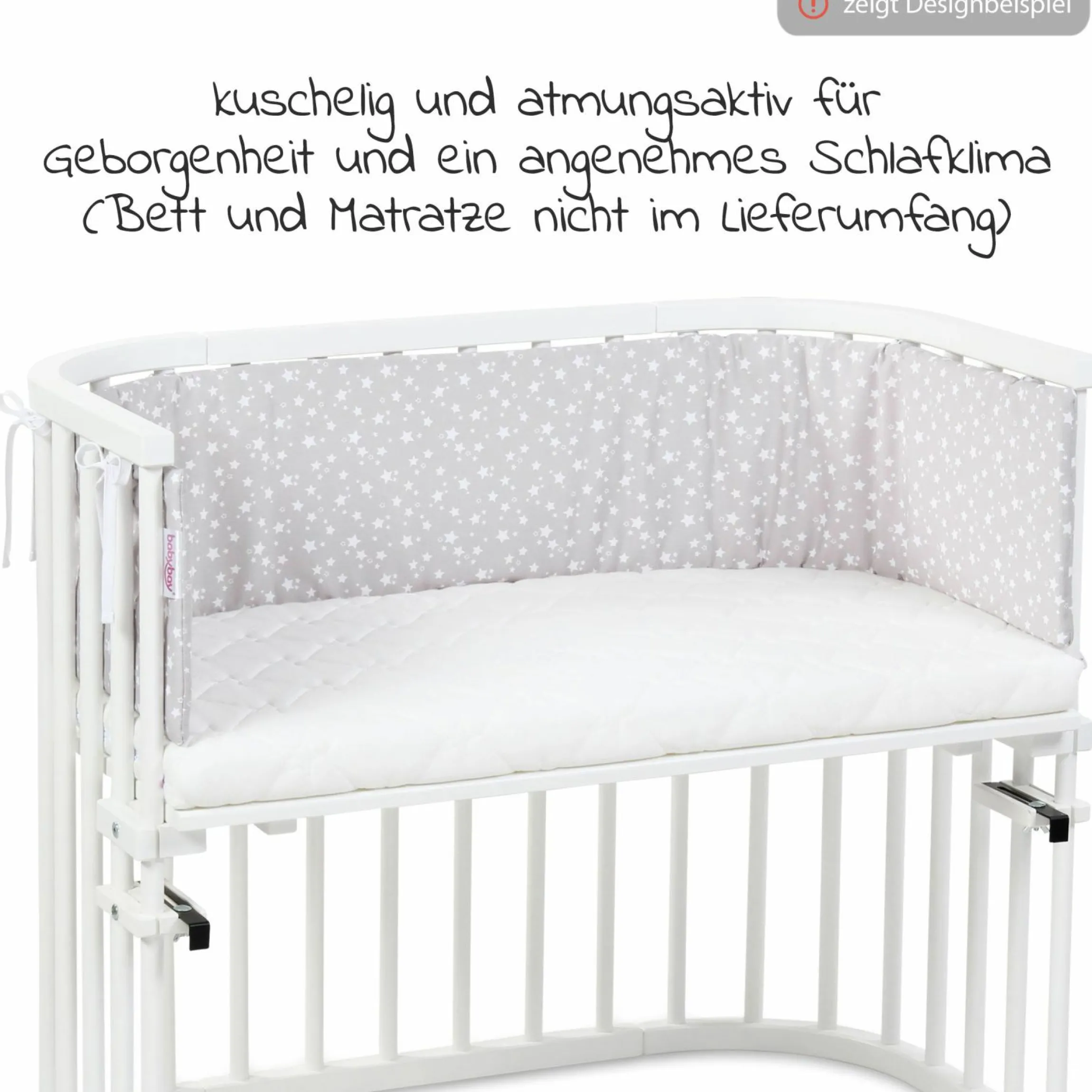 Nestchen aus Piqué für Beistellbett Boxspring XXL - Sterne Weiß - Perlgrau - Kollektion 2024