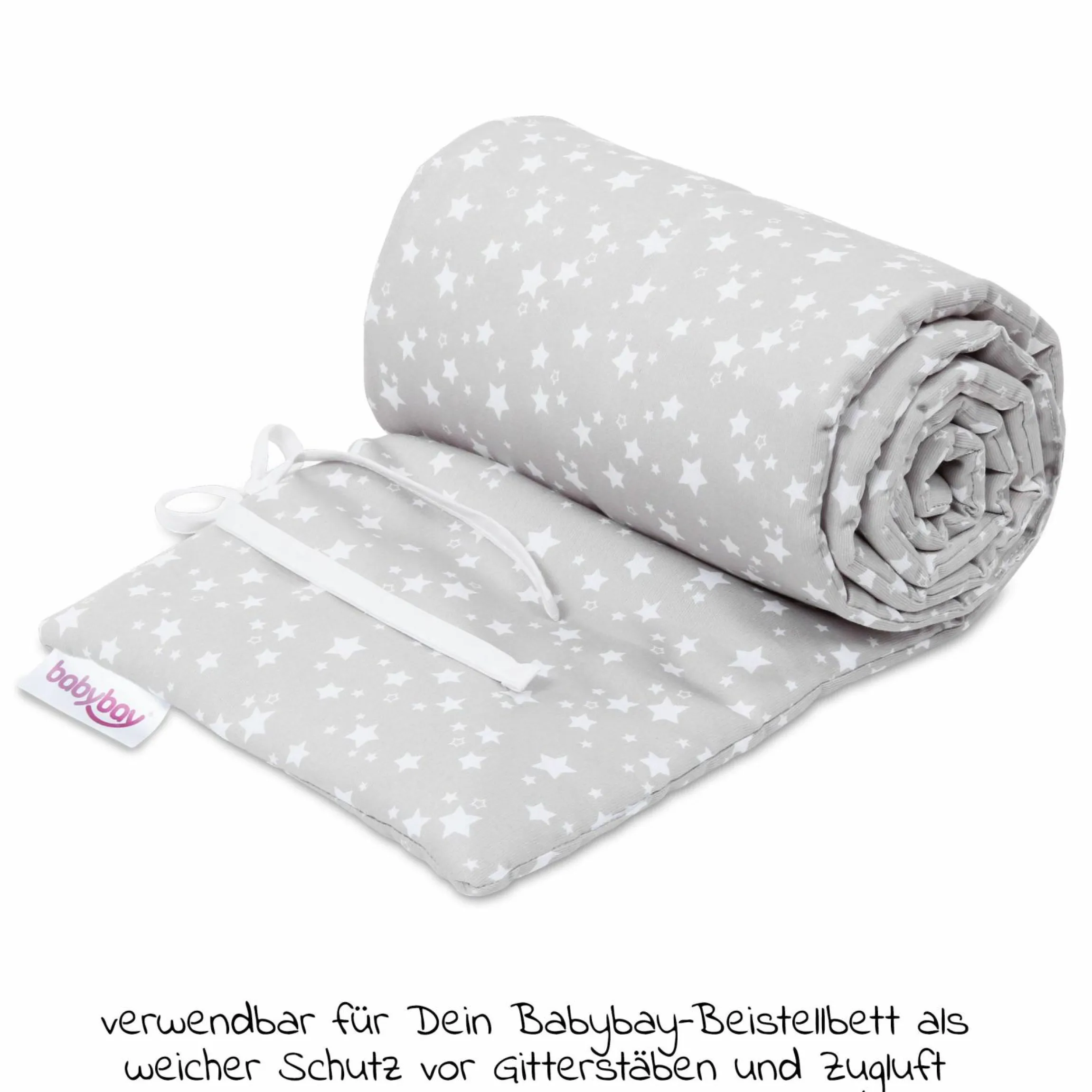 Nestchen aus Piqué für Beistellbett Maxi, Boxspring, Comfort, Comfort Plus - Sterne Weiß - Perlgrau - Kollektion 2024