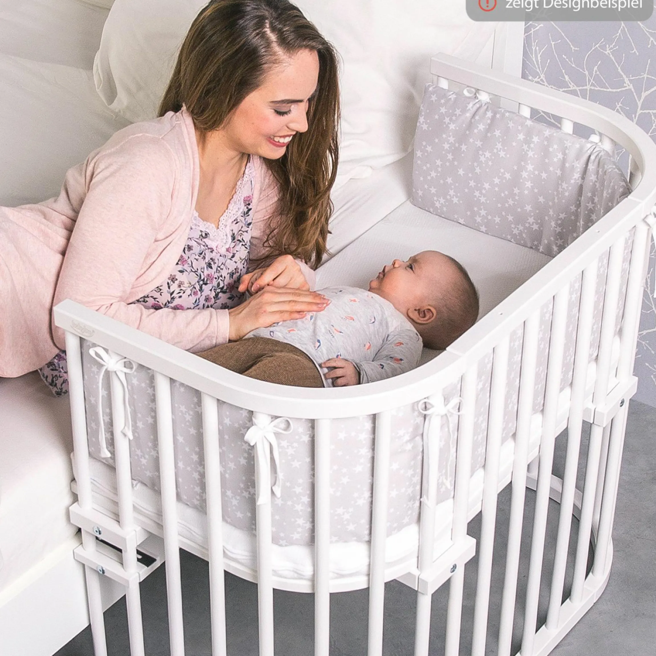 Nestchen aus Piqué für Beistellbett Maxi, Boxspring, Comfort, Comfort Plus - Sterne Weiß - Perlgrau - Kollektion 2024