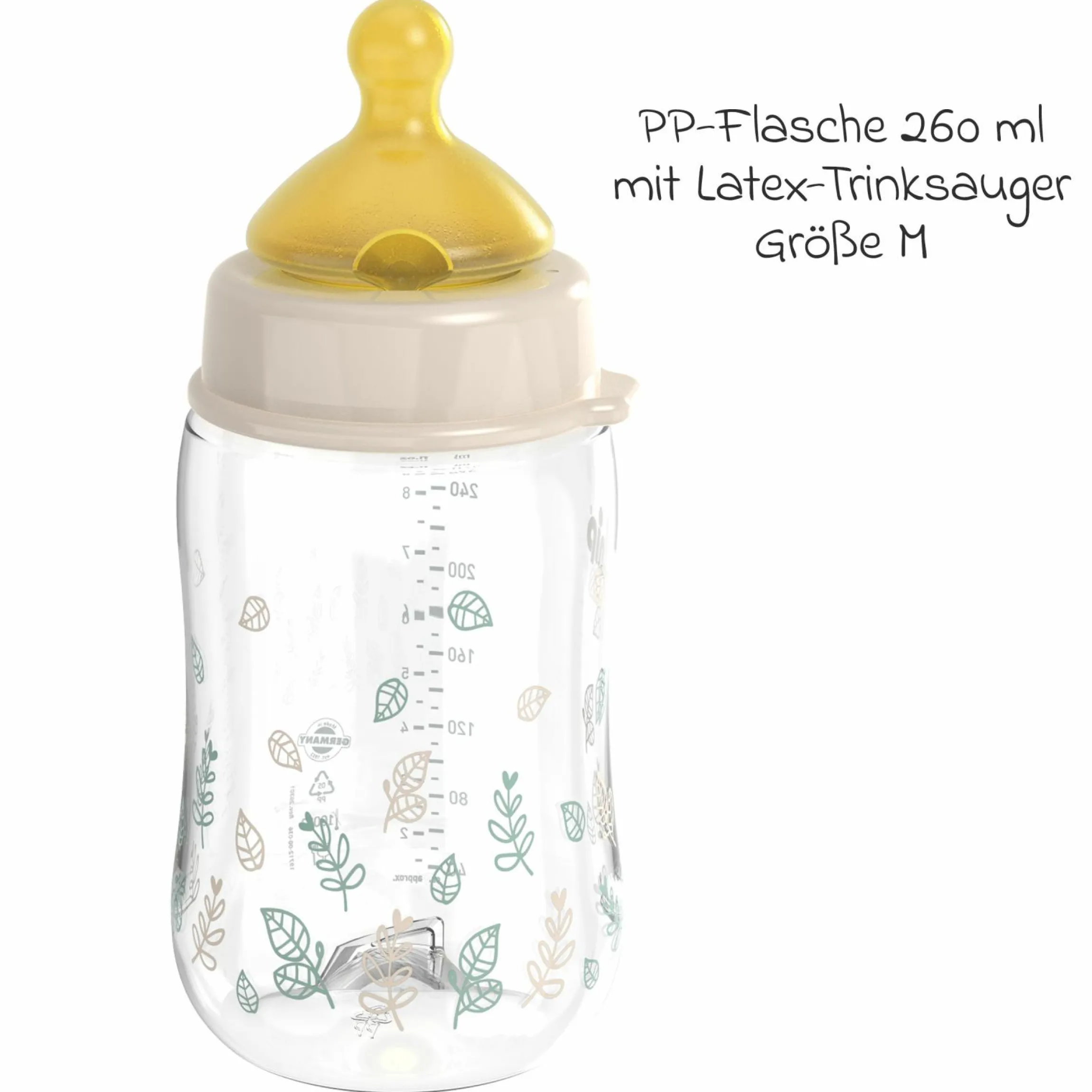 PP-Flasche Cherry Green 260 ml + Latex-Trinksauger mittlerer Nahrungsfluss - Beige