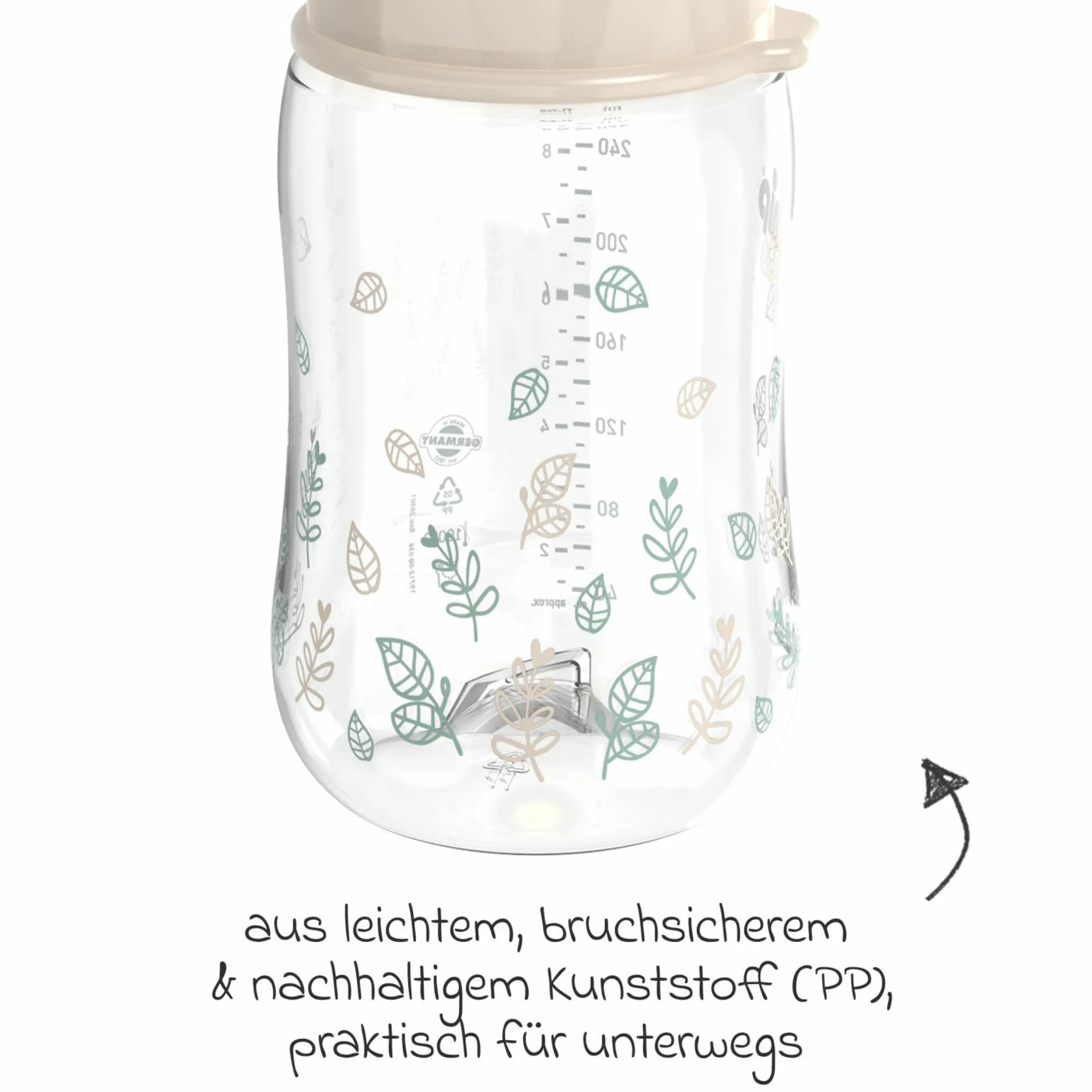PP-Flasche Cherry Green 260 ml + Latex-Trinksauger mittlerer Nahrungsfluss - Beige