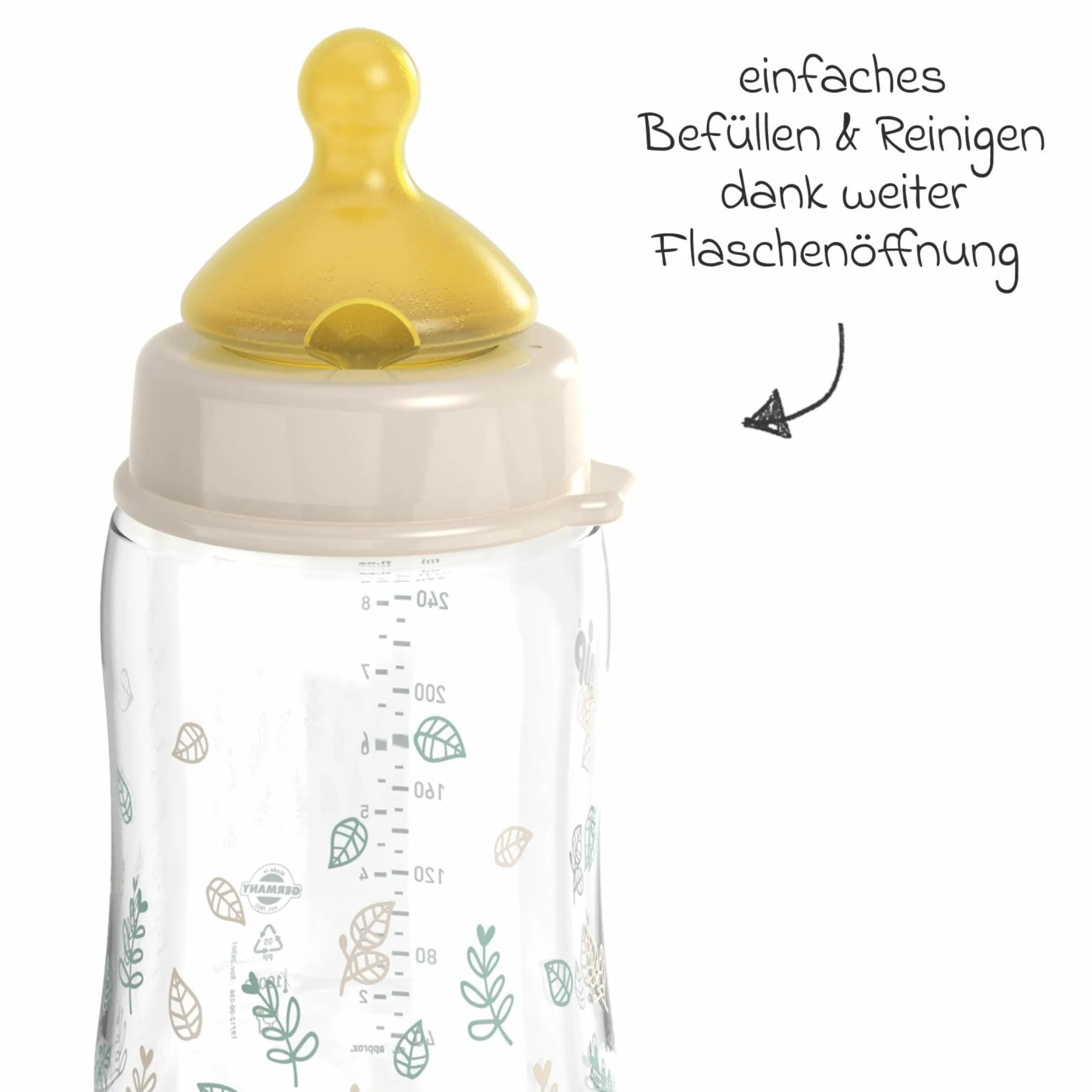 PP-Flasche Cherry Green 260 ml + Latex-Trinksauger mittlerer Nahrungsfluss - Beige