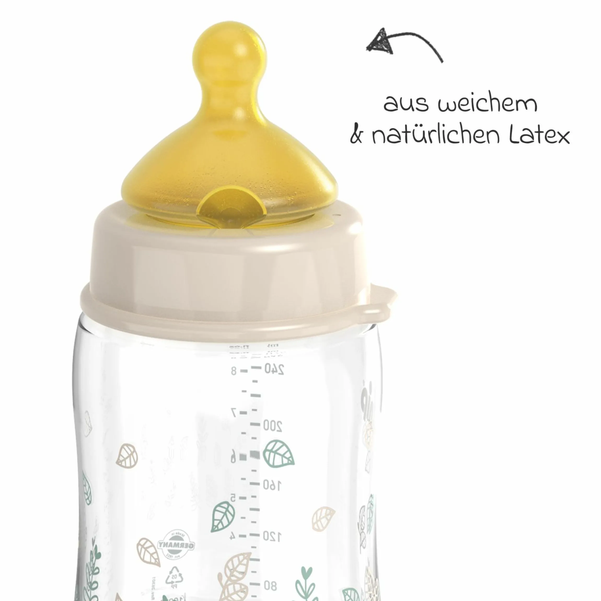 PP-Flasche Cherry Green 260 ml + Latex-Trinksauger mittlerer Nahrungsfluss - Beige