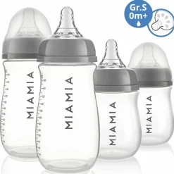 PP-Flasche 4er Pack 140 ml & 260 ml + Silikon-Trinksauger Gr. S - Grau