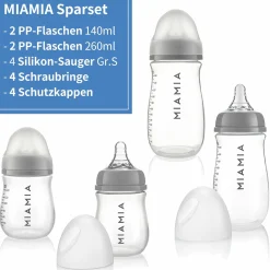 PP-Flasche 4er Pack 140 ml & 260 ml + Silikon-Trinksauger Gr. S - Grau